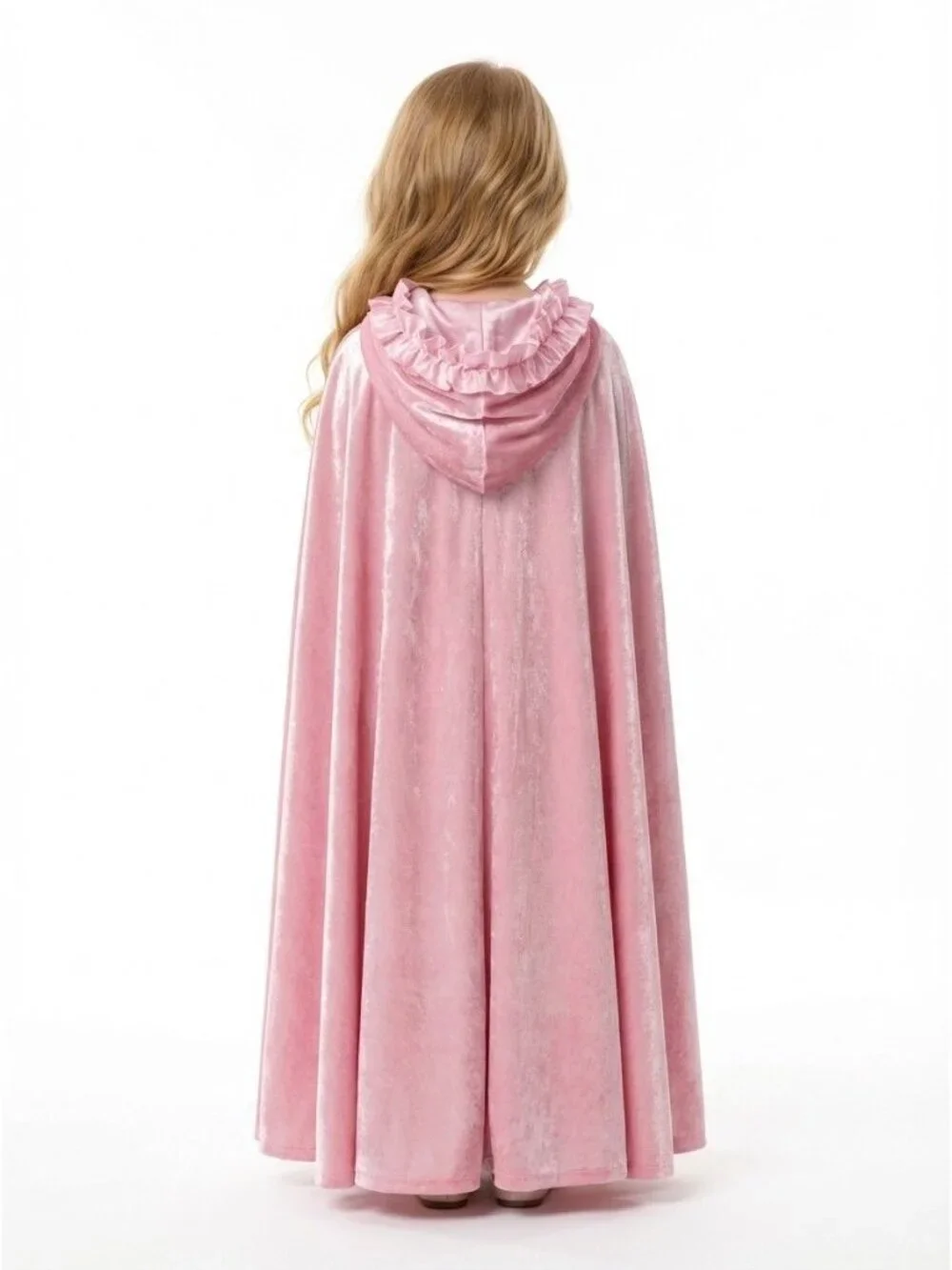 Girls Pink Velvet Hooded Princess Cape with Ruffle Trim Costume (Size 5)